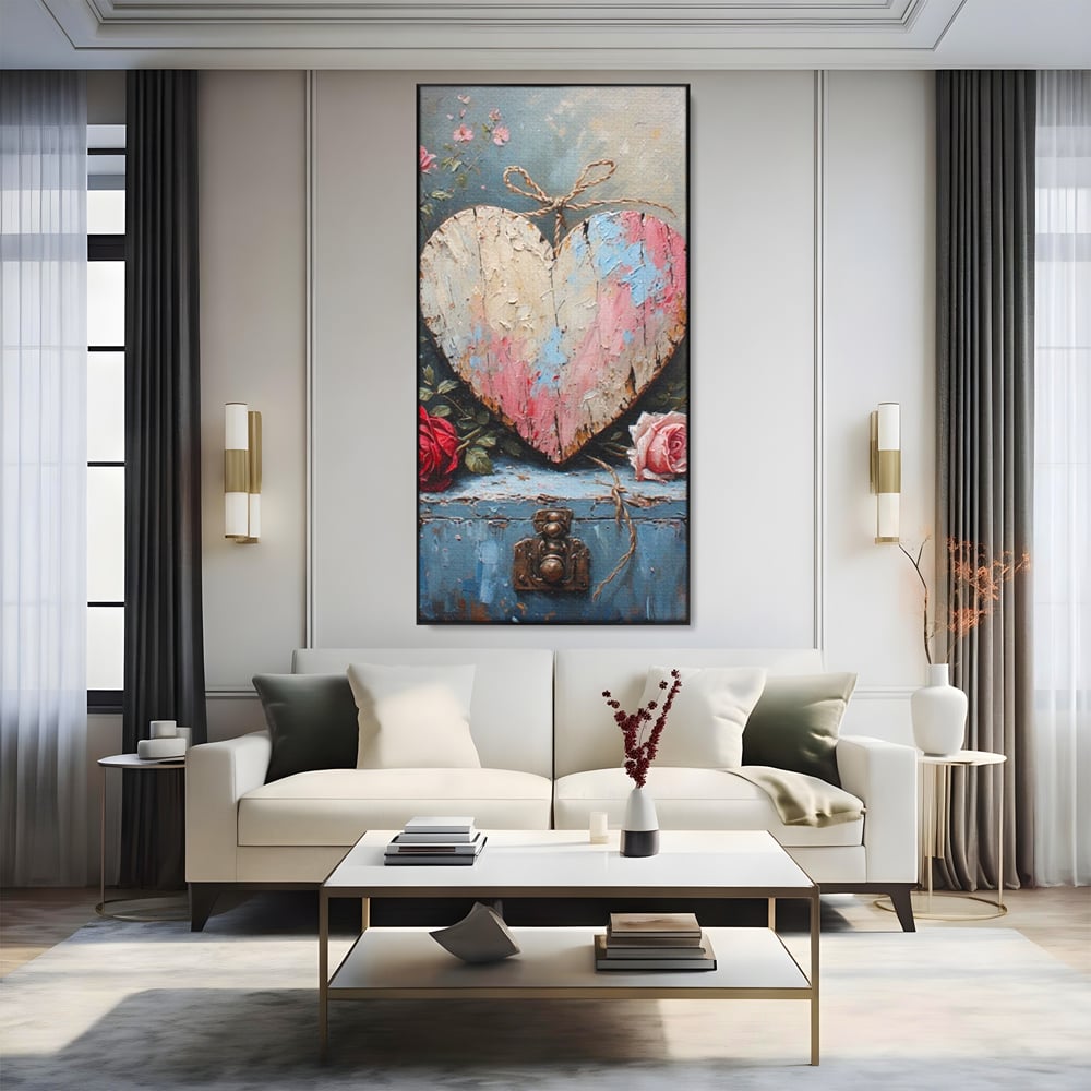 Tablou canvas cu tablou canvas cu inima din lemn si flori, in rama de aluminiu negru, pe perete intr-un living